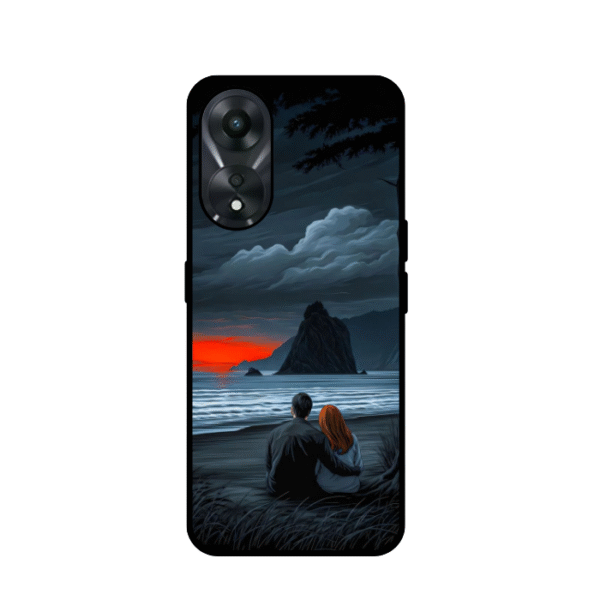 Romantic Sunset Couple Glossy Metal Back Cover For Oppo A58 5G