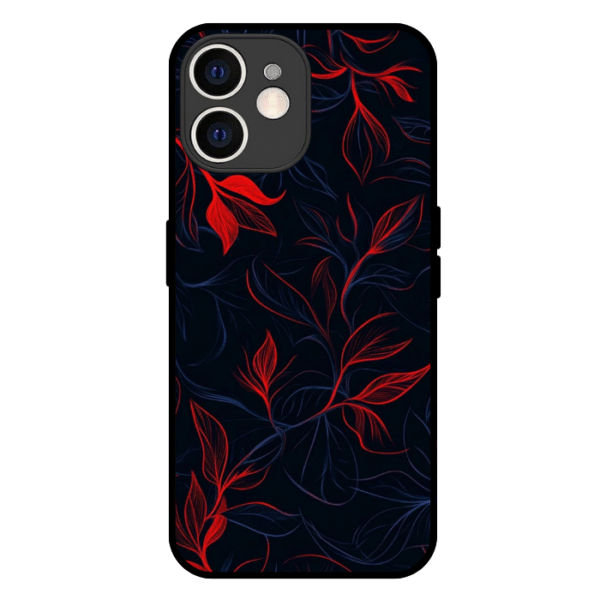 Neon Red Leaves iPhone 12 Back Cover - Dark Floral