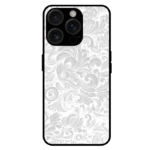 White baroque iPhone 14 Pro case elegant silver scroll pattern