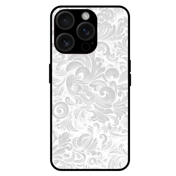 White baroque iPhone 14 Pro case elegant silver scroll pattern