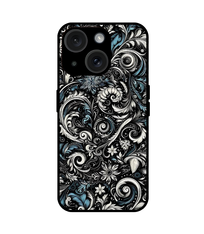 Blue vintage floral iPhone 14 case baroque swirl pattern