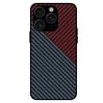 Split carbon fiber iPhone 15 Pro Max case red and blue dual-tone pattern