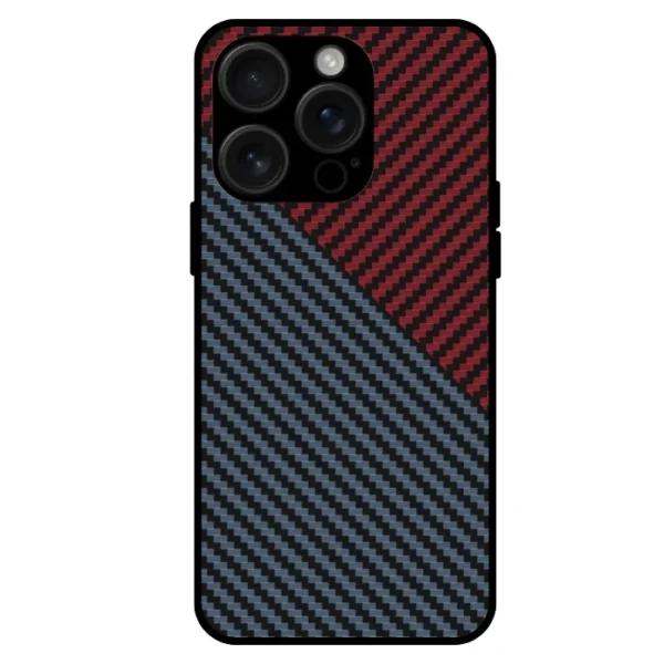 Split carbon fiber iPhone 15 Pro Max case red and blue dual-tone pattern