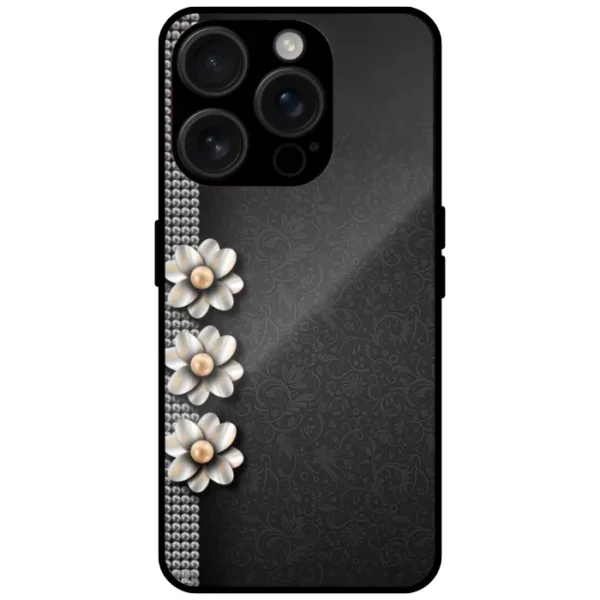 Black Floral Pearl Design TPU Mobile Cover for iPhone 15 Pro