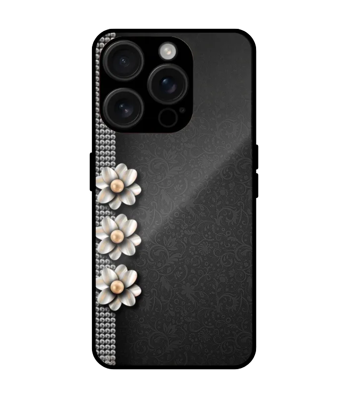 diamond flower case for iphone 15 pro Black Floral Pearl Design TPU Mobile Cover for iPhone 15 Pro - Image 1