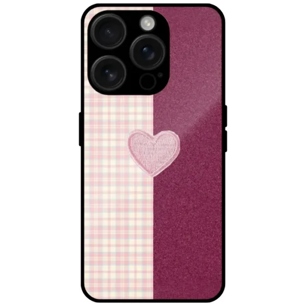 Plaid Heart Glossy Metal TPU Mobile Cover for iPhone 15 Pro