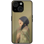 Mobile cover with Muslim girl praying illustration and ethnic outfit design for iPhone 14 Plus