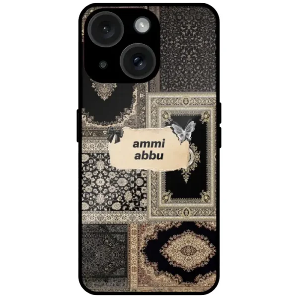 Mobile cover with ammi abbu text and Persian carpet pattern design for iPhone 14 Plus
