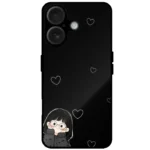 Black mobile cover with cute girl illustration and small heart design for iPhone 16 Plus
