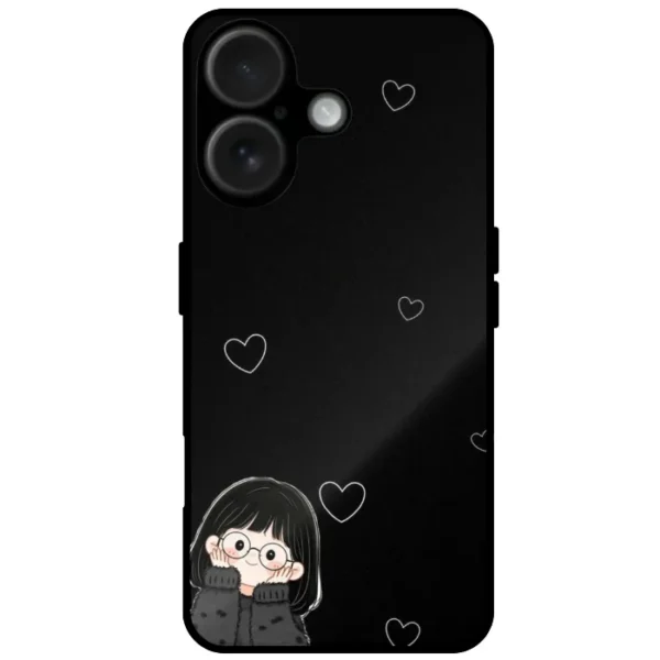Black mobile cover with cute girl illustration and small heart design for iPhone 16 Plus