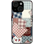 Mobile cover with patchwork fabric pattern and stitched cloth design for iPhone 14 Plus