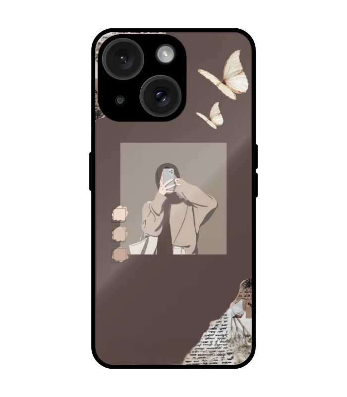 ladies patch iphone 15 plus cover cute_0062 Brown Aesthetic Girl Minimal Mobile Cover for iPhone 15 Plus - Image 1