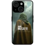 Mobile cover with musafir Islamic quote and hooded figure design for iPhone 14 Plus