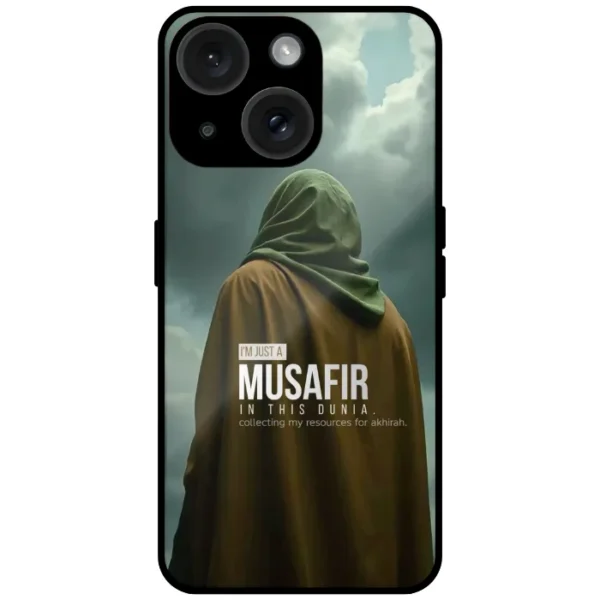 Mobile cover with musafir Islamic quote and hooded figure design for iPhone 14 Plus