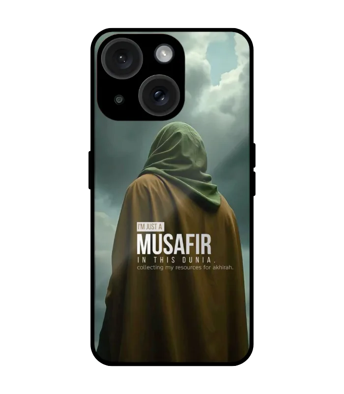 musafir muslim case for iphone 14 plus Quotes_29 Mobile cover with musafir Islamic quote and hooded figure design for iPhone 14 Plus