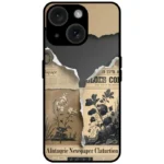 Mobile cover with vintage newspaper collage and torn paper botanical design for iPhone 14 Plus