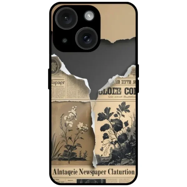 Mobile cover with vintage newspaper collage and torn paper botanical design for iPhone 14 Plus