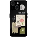 Black mobile cover with aesthetic collage, flower and quote sticker design for iPhone 14 Plus