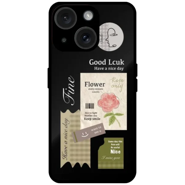 Black mobile cover with aesthetic collage, flower and quote sticker design for iPhone 14 Plus