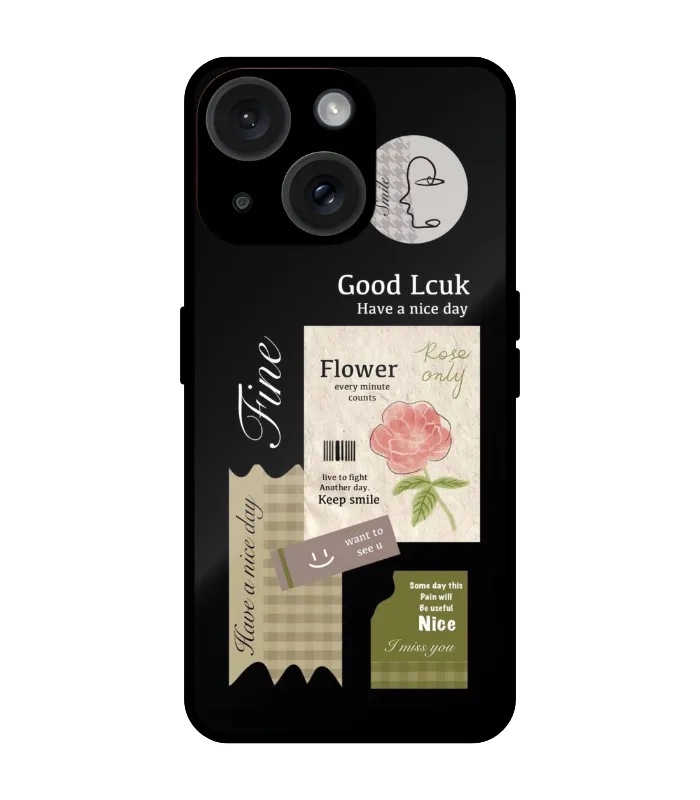 patch Cute case for iphone 14 plus Pattern_0022 Black mobile cover with aesthetic collage, flower and quote sticker design for iPhone 14 Plus