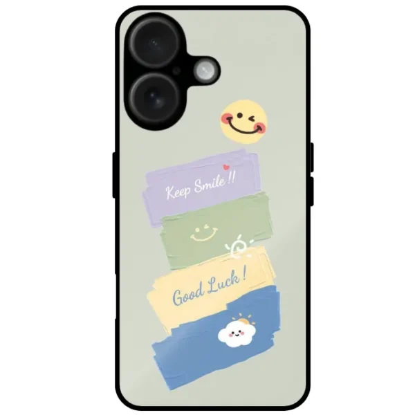 Pink background mobile cover with smiley icons and motivational quotes design for iPhone 16 Plus