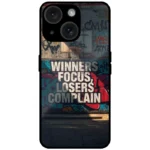 Mobile cover with winners focus quote and graffiti wall basketball design for iPhone 14 Plus